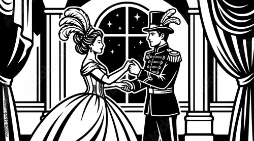 Elegant couple dancing in a ballroom at night