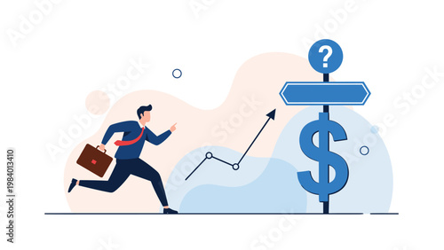 Businessman running toward a signpost with a dollar sign and a question mark, representing financial uncertainty and searching for a profitable path.