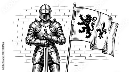 Knight in armor holding a flag and sword proudly