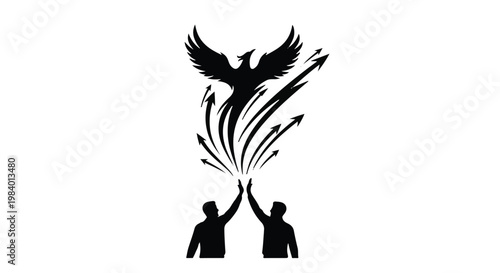 Two people high five as a phoenix ascends with arrows symbolizing growth and success