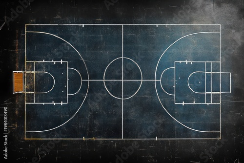 overhead view of empty worn basketball court with white markings, center circle, three-point arcs and wooden backboard, gritty moody deserted atmosphere