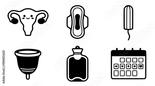 Vector graphic illustration of various menstrual products and symbols
