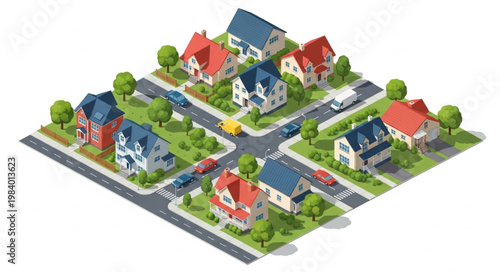 Isometric suburban neighborhood with houses streets and cars.