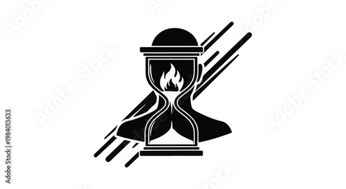 Hourglass with flame inside symbolizes urgency and passing time with abstract motion lines