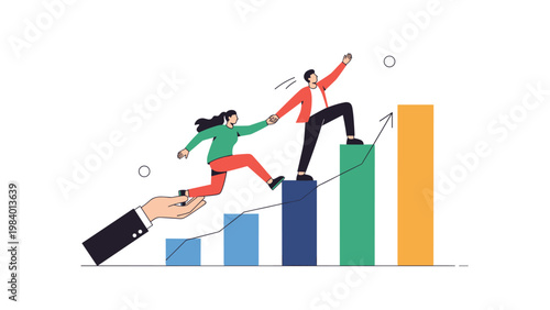 Team members helping each other climb a rising bar chart, where a giant hand provides a boost, representing mentoring and collective success.