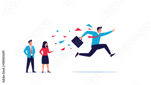 Leader running forward while a team watches and geometric shapes trail behind, representing pioneering a new path and visionary leadership.