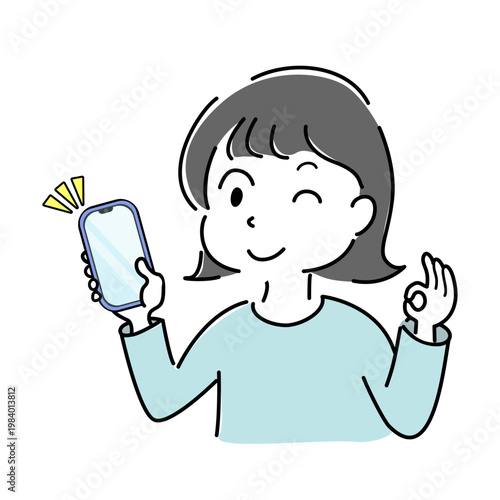 スマートフォンを持ちOKサインをするウインク笑顔の女性のシンプルイラスト（スマホ・確認・成功・満足・人物素材） /
Winking smiling woman holding a smartphone and showing OK gesture simple illustration (mobile, confirmation, success, satisfaction, people)