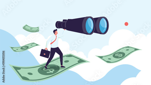 Ambitious businessman flying on a large dollar bill and looking through giant binoculars to find financial opportunities.