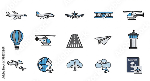 Collection of aviation and travel icons with airplanes and helicopters.