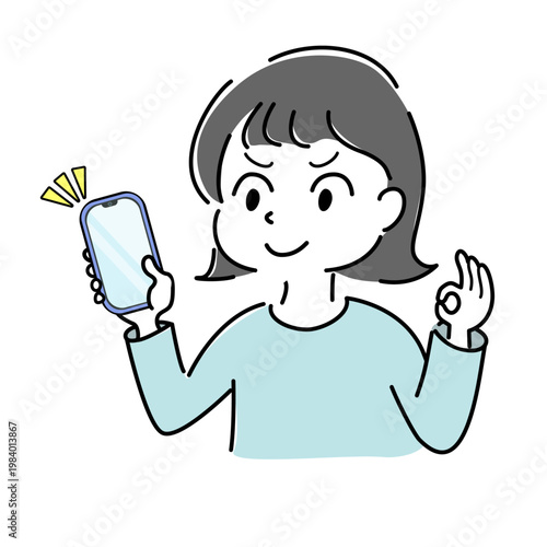 スマートフォンを持ちOKサインをするやる気に満ちたの女性のシンプルイラスト（スマホ・確認・成功・満足・人物素材） /
Motivated smiling woman holding a smartphone and showing OK gesture simple illustration (mobile, confirmation, success, satisfaction, people)