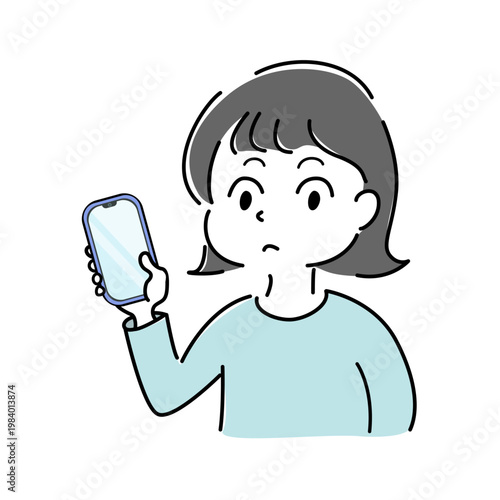 スマートフォンを見て考え込む女性のシンプルイラスト（スマホ・悩み・疑問・検討・迷い・人物素材） /
Thoughtful woman looking at smartphone simple line illustration (thinking, question, consideration, hesitation, mobile, people)