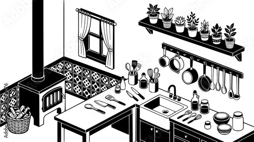 Modern kitchen interior with cooking utensils and plants