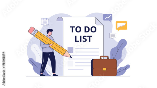 Focused professional man holding a giant pencil while preparing to write on a massive business to-do list for task management.