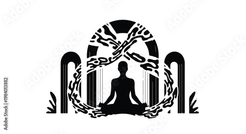 Serene silhouette meditating in a stylized archway, symbolizing inner peace and spiritual growth.