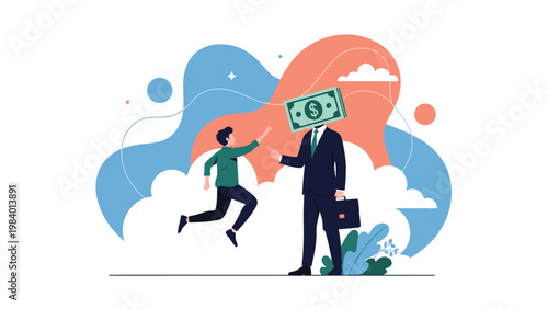 Wealthy businessman with a dollar bill head pointing towards a young boy jumping with joy in a financial success concept.