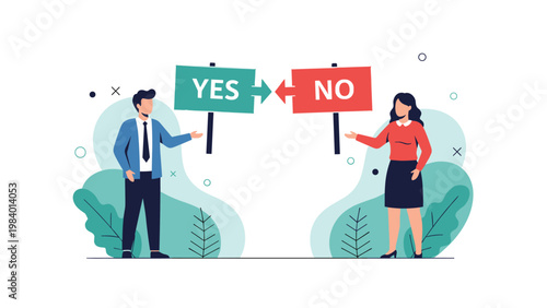 Professional colleagues holding green yes and red no signs while engaging in a complex business decision making process.
