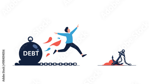 Businessman jumping over a heavy debt ball and broken chain to achieve financial freedom and long term stability.