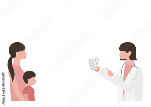 母親と男の子に薬の説明をする女医のベクターイラスト素材