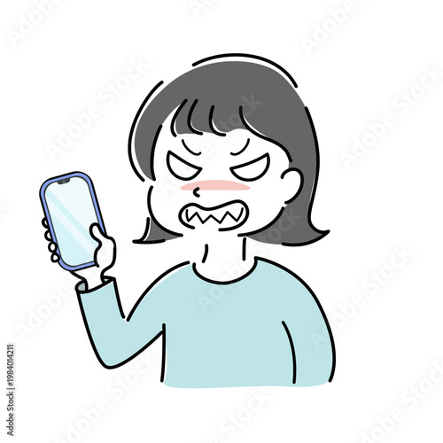 スマートフォンを見て怒る女性のシンプルイラスト（スマホ・トラブル・悩み・不具合・人物素材） /
Angry woman looking at smartphone simple line illustration (mobile trouble, irritated, problem, error, confusion, people)