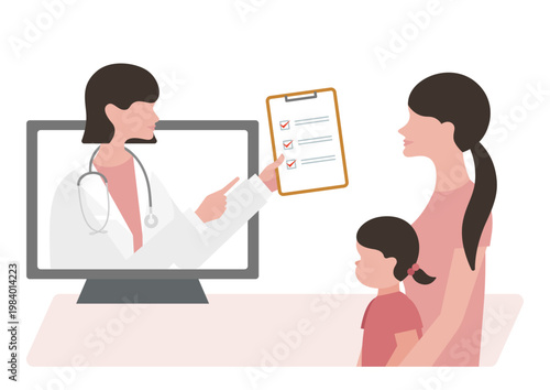 オンライン診療で母親と女の子にチェックリストを見せる女医のベクターイラスト素材