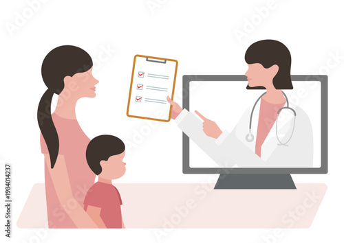 オンライン診療で母親と男の子にチェックリストを見せる女医のベクターイラスト素材