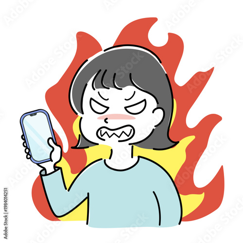 スマートフォンを見て怒る女性 炎 背景 シンプルイラスト（スマホ・炎上・トラブル・悩み・不具合・人物素材） /
Angry woman looking at smartphone with fire background simple line illustration (mobile trouble, irritated, problem, error, confusion, people)