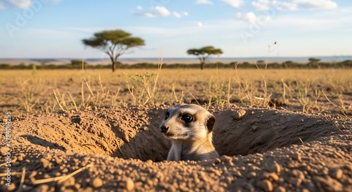 Meerkat emerging from burrow in arid African landscape.