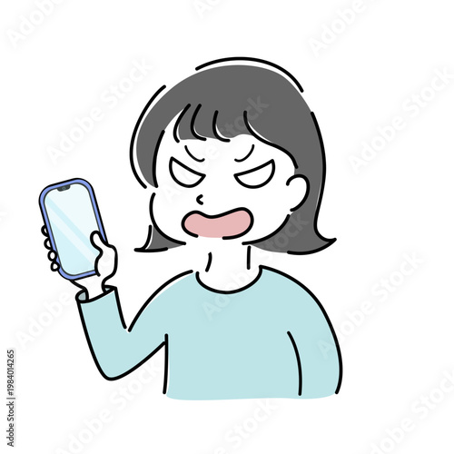 スマートフォンを見て怒る女性のシンプルイラスト（スマホ・トラブル・悩み・不具合・人物素材） /
Angry woman looking at smartphone simple line illustration (mobile trouble, irritated, problem, error, confusion, people)