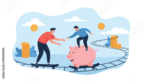 Financial partners helping each other while riding a giant piggy bank on skateboards towards long term savings and goals.
