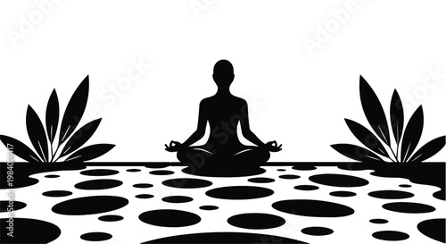 Silhouette of a person meditating peacefully in a serene, minimalist landscape.