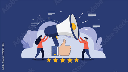Creative marketing team using a huge megaphone and five star rating to promote business success and customer satisfaction.