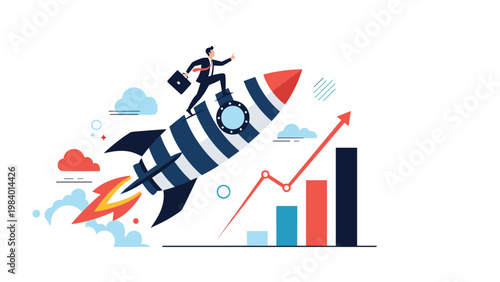 Ambitious entrepreneur riding a fast rocket flying upwards next to a growth chart to achieve rapid business success.