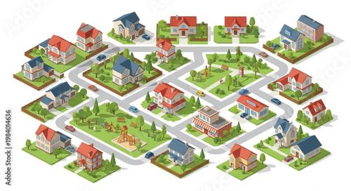 Photos Isometric suburban neighborhood with houses streets and trees.