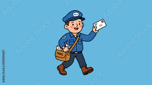 Cheerful postal worker delivering mail with a bag and cap on a blue background.