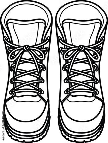 A detailed line drawing of a pair of boots with laces and soles