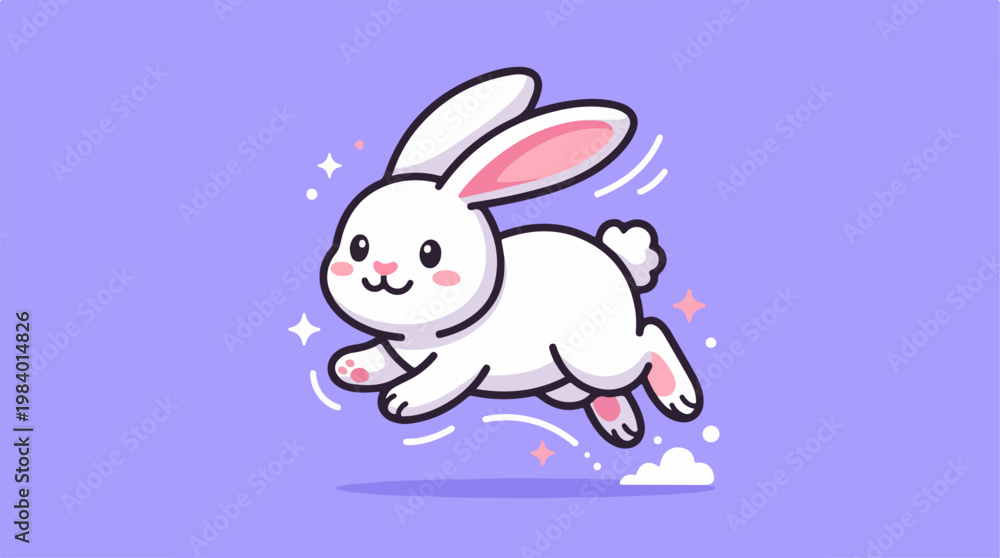 Obraz premium Cute cartoon bunny rabbit jumping with joy on purple background.