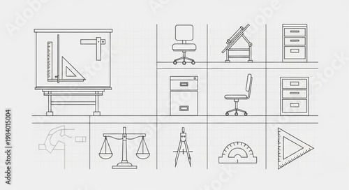 Architectural drafting tools and office furniture icons.