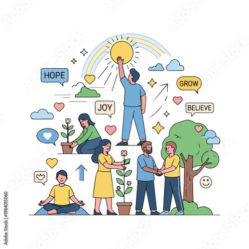 Diverse group of happy people standing.