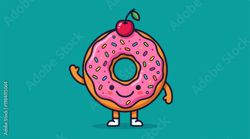 Cute cartoon donut character with cherry on top waving hello.