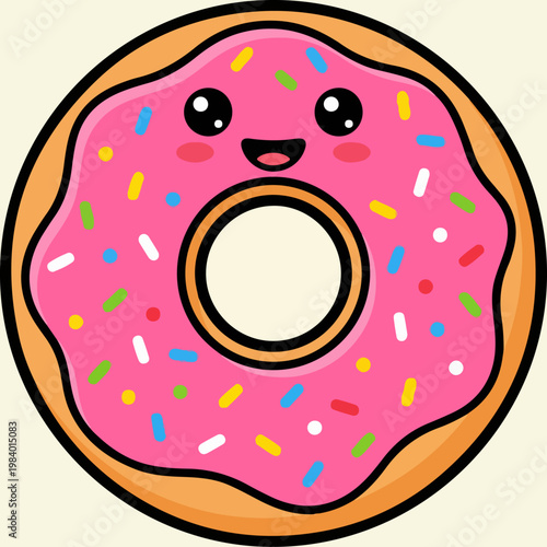 Cute cartoon donut with pink frosting and colorful sprinkles.