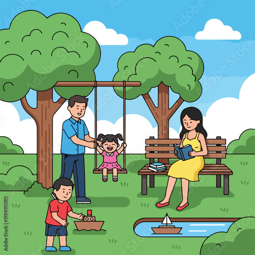 Family playing in the park together.