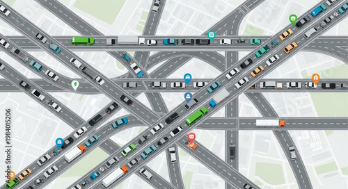 Busy highway intersection with heavy traffic congestion from above.