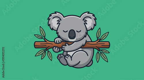 Cute cartoon koala bear sleeping on a tree branch.