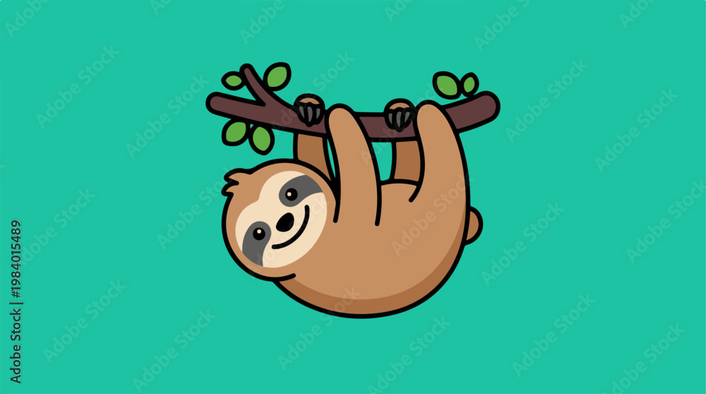 Fototapeta premium Cute cartoon sloth hanging on a tree branch with a smile.