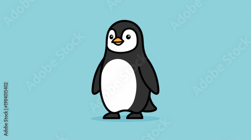 Cute cartoon penguin standing on a light blue background, looking forward.