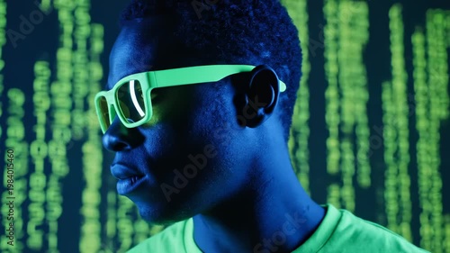Man Wearing Neon Green Sunglasses Against Digital Matrix Background, Futuristic Cyberpunk Style