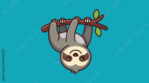 Cute cartoon sloth hanging upside down on a tree branch.