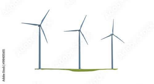 Three wind turbines stand on green grassy field with transparent background