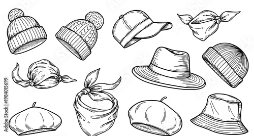 Minimal headwear icons vector set with cap panama bandana beret in clean monoline style