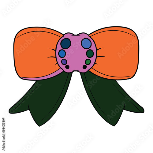 A whimsical bow adorned with colorful gemstones and elegant black ribbons